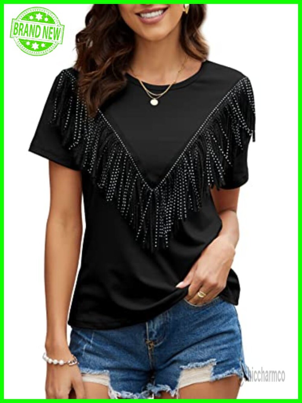 PESION Fringe Trim Short Sleeve Tassel Blouse T-Shirt Top